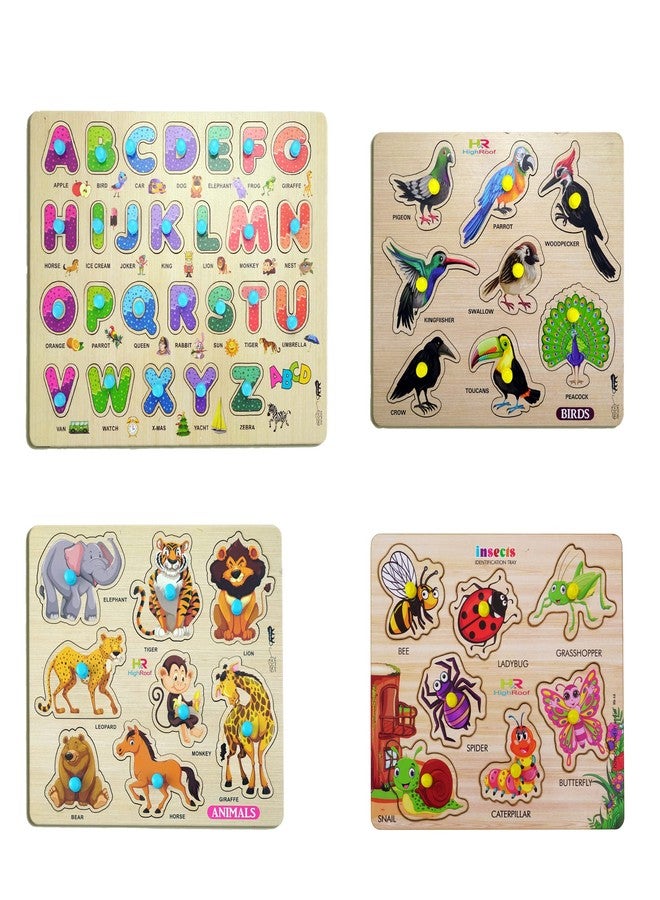 HIGHROOF® Kids Fort Pre Nursery Educational Jigsaw Puzzles for Adults Kids Learning Toys Kit Board Game 4 pcs Set of ABCD Alphabets Birds Animals & Insects Educational Toy - Image 1